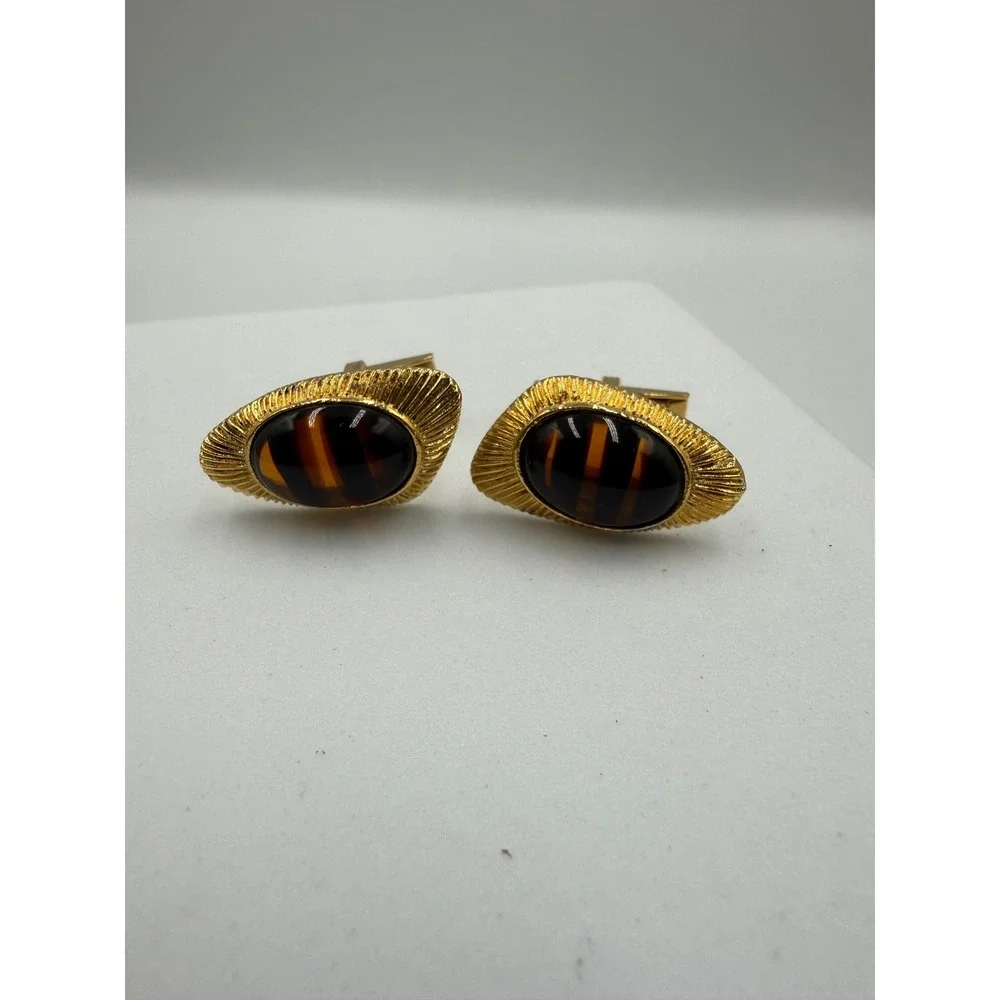 Vintage‎ USA Gold Tone Faux Tigers Eye Striped Cabochon Cufflinks Retro Mens